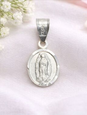 Virgin of Guadalupe Mini Medal Pendant 925 Mex. Sterling Silver Charm 1.45cm
